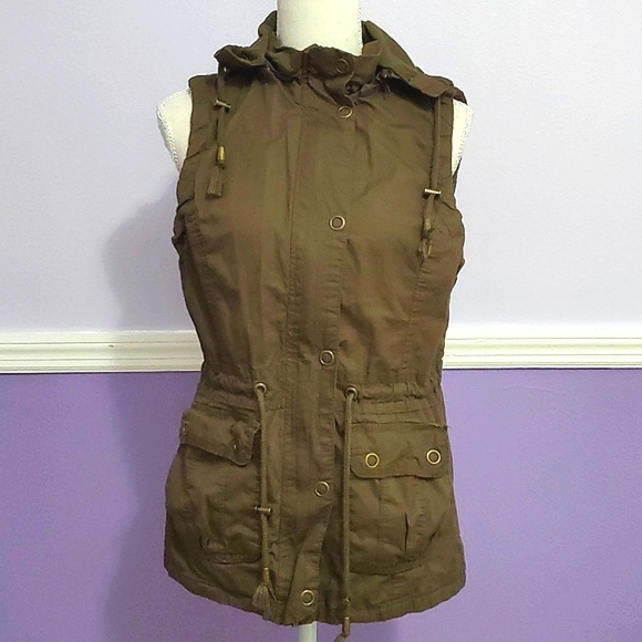 Snobbish Olive Military Utility Cargo Sleeveless Hodded Tied Waist Jacke… - Picture 1 of 11